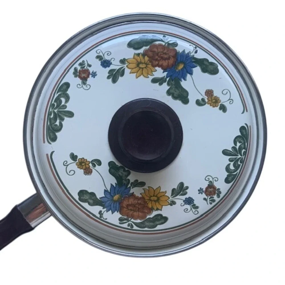 Vintage Floral Enamelware Saucepan Set w Lids Cottagecore Retro Kitchen
